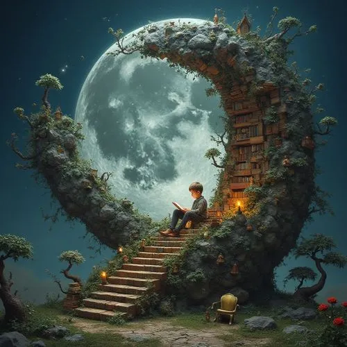 Intricate library made of the silver moon, Mid shot enchanted library hidden within the moon, creative Masterpiece by Patrick Woodroffe and Alexander Jansson and Martin Stranka; a magnificent surreal 