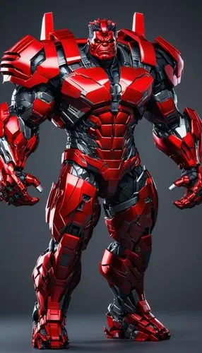 red Hulk with a titanium armor costume like Transformers, holding big hummer. solid background,a red robot is standing in the middle of a dark background,ultron,ironhide,3d model,guttormson,3d man,mat
