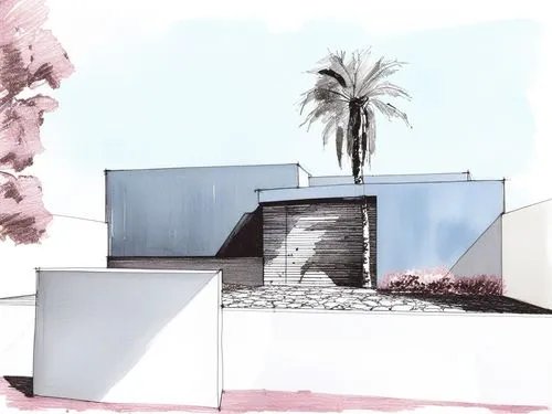 architectural drawing of a desert house with palm tree,beach house,renders,cantilevers,house drawing,dunes house,mid century house