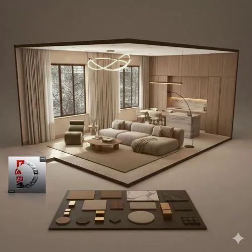 Position a modern red and white logo in the corner of the image, ensuring it blends organically with the existing composition, lighting, and background elements, without altering them.,a large living 