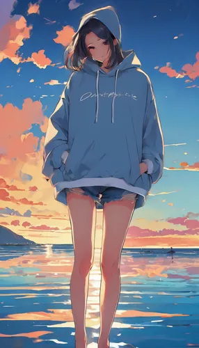 masterpiece, highest quality, movie stills, 1 girl, baggy hoodie、７cropped pants、denim、Sky reflected on the sea surface、mirror-like water surface、Reflective water surface、I can see the ankle、Barefoot、S