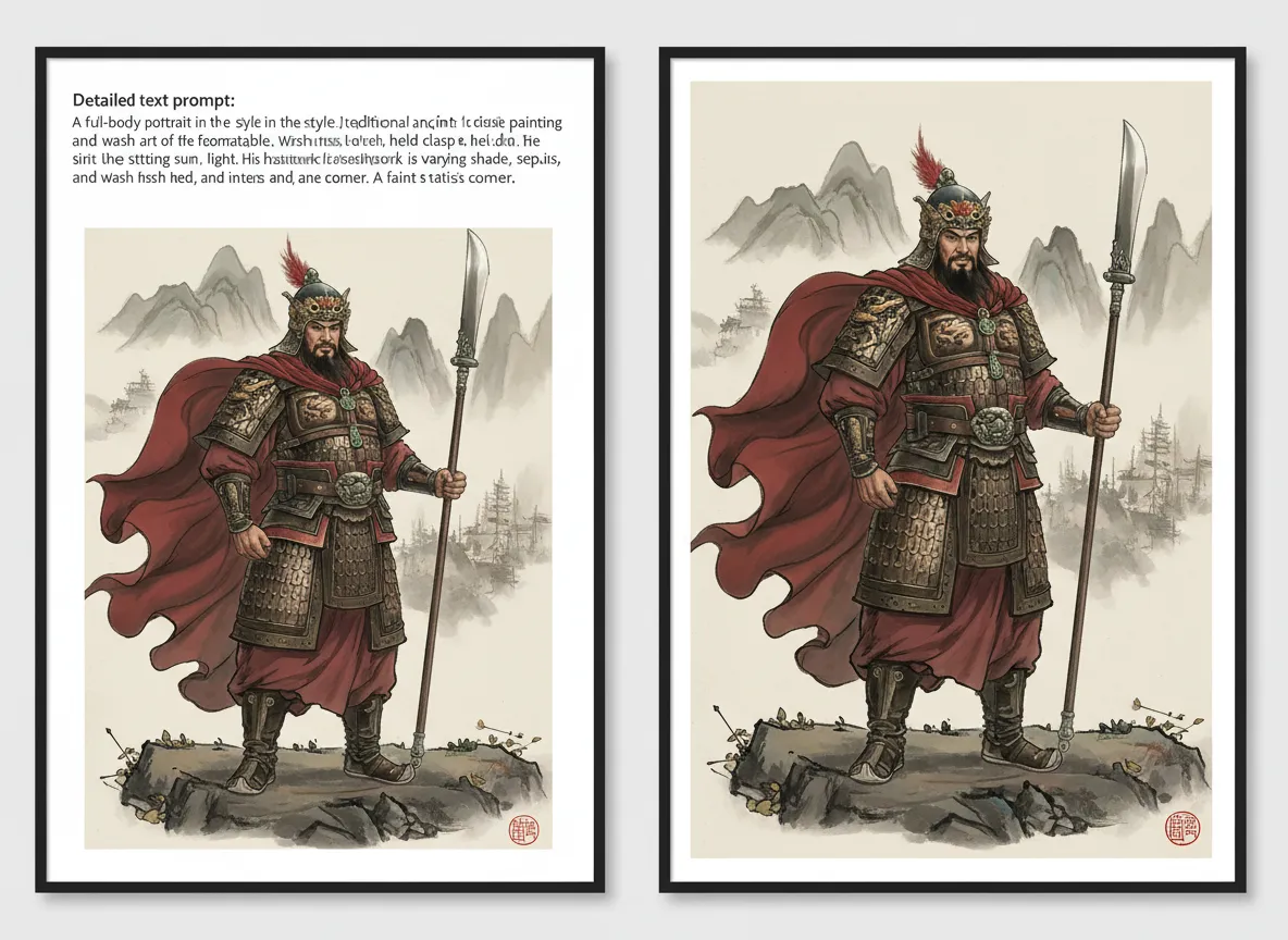 Confronto affiancato tra un prompt di testo dettagliato e il ritratto di un guerriero dell'antica Cina generato dall'IA.