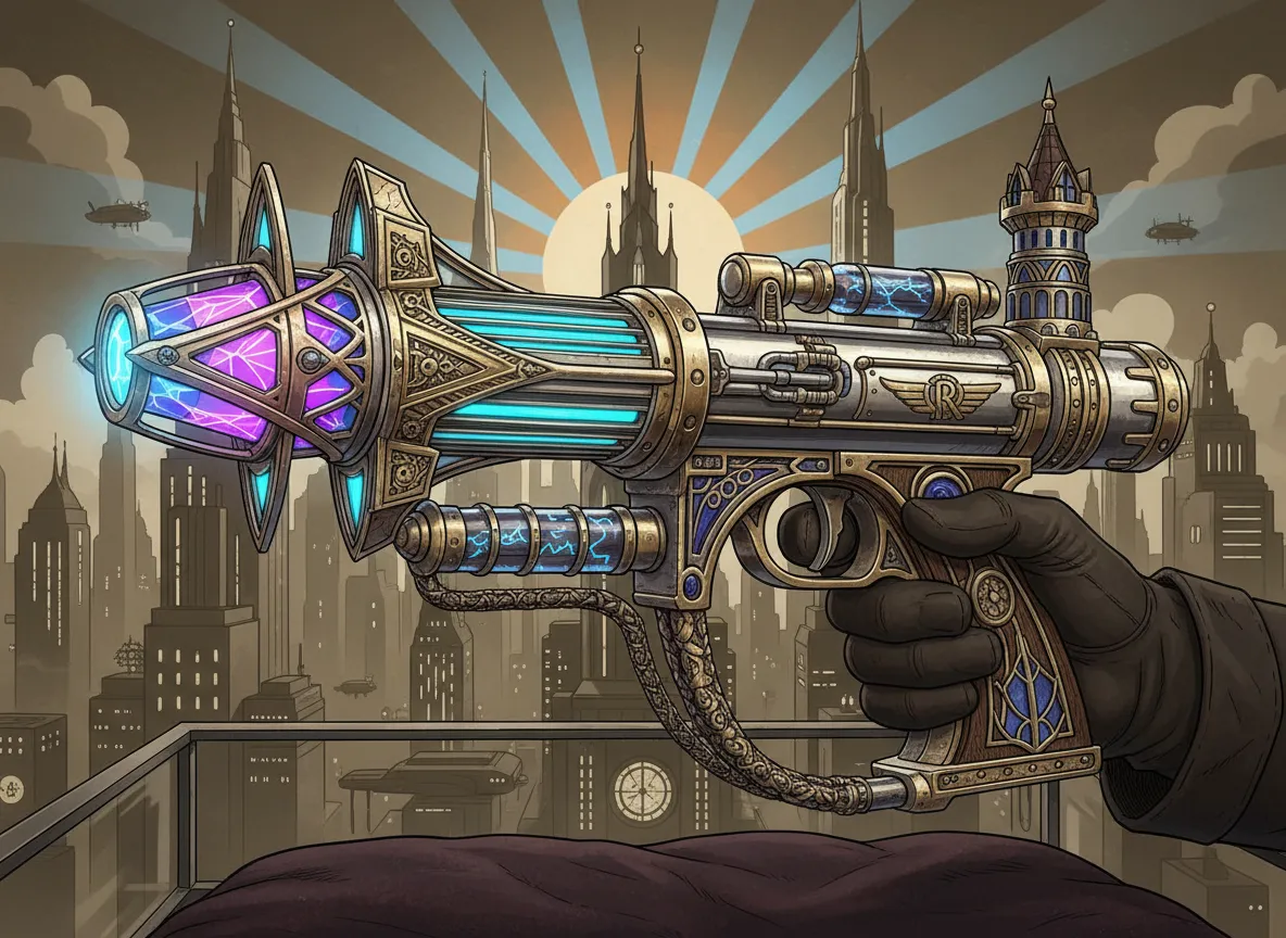 Un'immagine dettagliata generata dall'AI che mostra le caratteristiche iconiche del design gotico raygun su una pistola laser retrò.