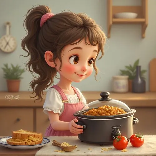girl, ,an anime girl standing in front of a pot of food,girl in the kitchen,cute cartoon image,cute cartoon character,falda,dwarf cookin,cholent,agnes,cocina,cookery,rotini,girl with cereal bowl,cucin