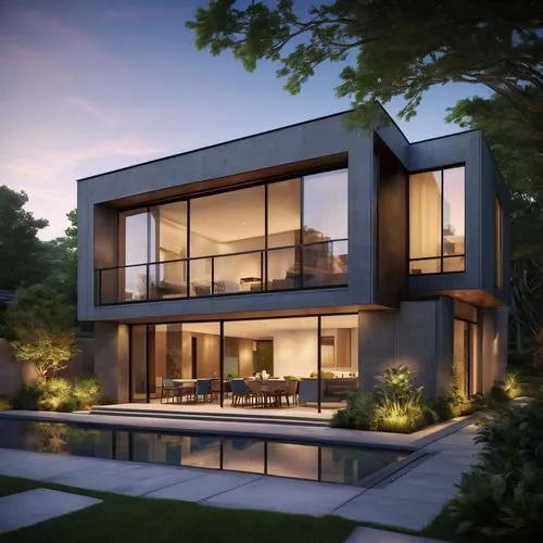  A sleek, photorealistic digital illustration or CGI render in a modern, minimalist style, depicting a two-story luxury home at dusk or early evening in a suburban neighborhood, illuminated by warm, g