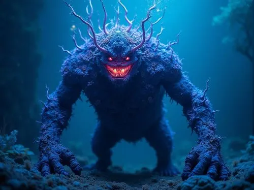 monster,dark flowers,blue,underwater,the creature is in the middle of a scene,wendigo,sea devil,spriggan,ignagni,nekron,zygon