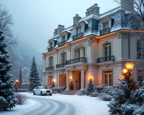 Snow-covered luxury mansion in a French neoclassical style, surrounded by a serene winter landscape. The mansion features a light cream facade with intricate columns, ornate moldings, and tall arched 
