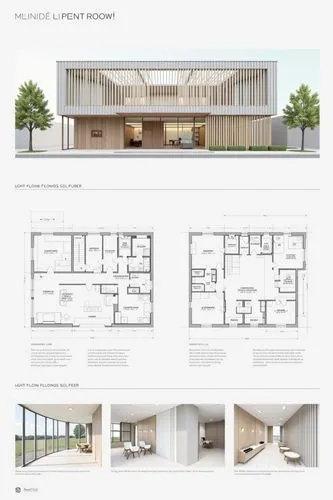 A professional architectural presentation board with a Pure background and a clean, minimalist design layout. The board includes:

Top Section: On the top left, a photorealistic render of a contempora