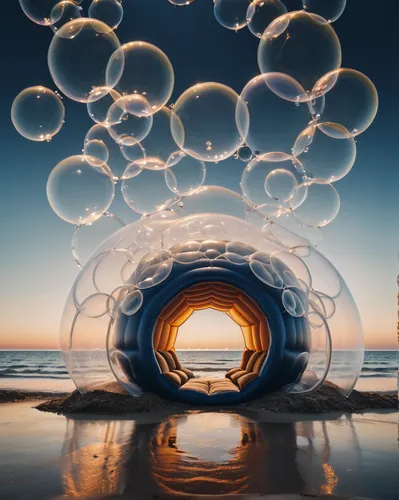 Photography, symmetrical asymmetry, a small shelter, one people, white veils and (elegant bubbles: 1.2) forming an inflatable roof, beach landscape, ethereal, dark blue and amber, intricate details, h