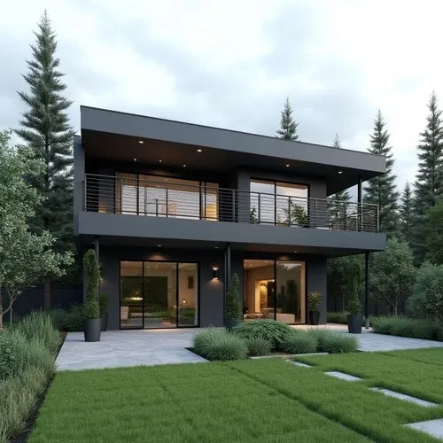 A sleek, contemporary two-story home composed of clean, geometric lines and a sophisticated monochromatic palette of charcoal, graphite, and soft gray. The façade features large windows framed by slim