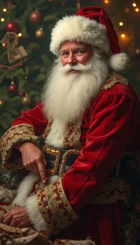 A elegant Christmas wallpaper featuring Santa Claus, styled with earthy tones tones, evoking a festive and cheerful atmosphere.,a man dressed in santa claus is standing near a christmas tree,santa cla