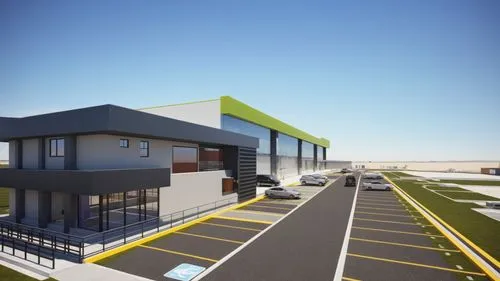 “Render arquitectónico de un complejo industrial moderno. En primer plano, se muestra un edificio administrativo de dos niveles con un diseño contemporáneo, que combina acabados en concreto gris, deta