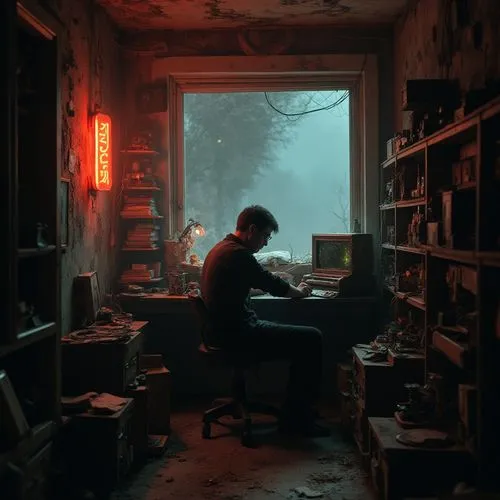 Within a decrepit apartment, illuminated solely by the flickering light of a malfunctioning neon sign outside the window, a man sits at a cluttered desk. Surrounded by obsolete electronics and stacks 