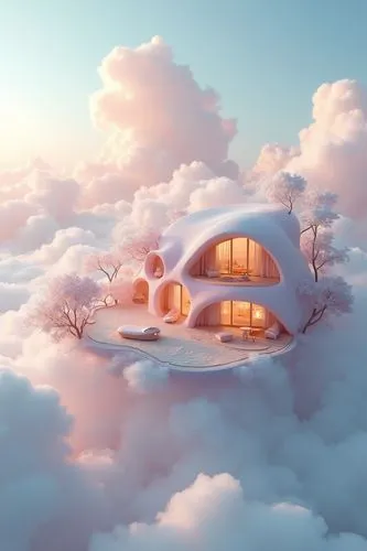 Design of a hotel or chalet on the cloud, in the style of light pink, serene oceanic vistas, snailcore, playful machines, 32k uhd, made of rubber, tender depiction of nature ,a small house is surround