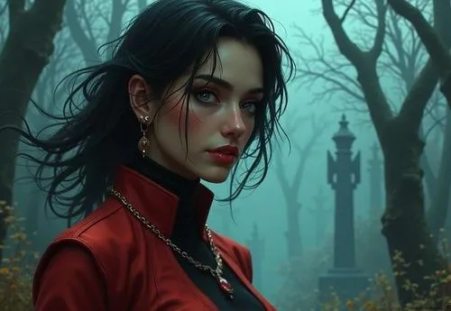 different design of necklace,a young woman is standing in a dark, misty cemetery,vampire woman,red coat,vampire lady,fantasy portrait,red riding hood,lady in red