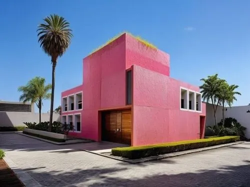  celosía arquitectónica de color BLANCO vibrante, con patrón de retícula cuadrada uniforme,a pink house is sitting on the side of a road,cube house,mid century house,house pineapple,cubic house,mid ce