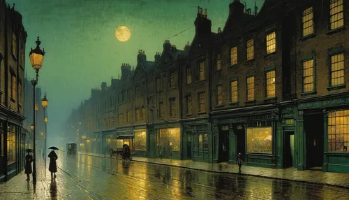 Street after the Rain in the Moonlight by John Atkinson Grimshaw, 1881,john atkinson grimshaw,night scene,gas lamp,evening atmosphere,lamplighter,street lamps,lovat lane,atmospheric,street lights,old 