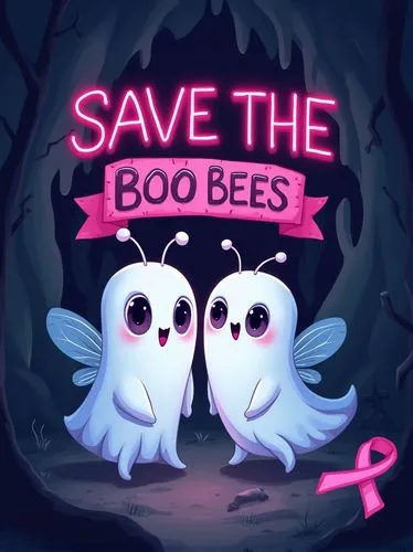 A whimsical and spooktacular cartoon illustration set against a dark background, featuring two charming ghost bees with ethereal white bodies, black eyes, and wings. They are positioned side by side, 