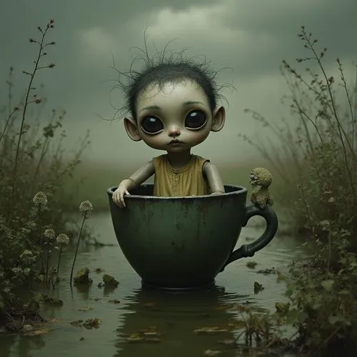 Eine ausgefallene und faszinierende Szene inszeniert eine kleine Puppenfigur mit übermessten Augen und blasshäutig, die in einer alten rostigen Tasse sitzt. Sein dunkles, makuiertes Make-up lässt Trän