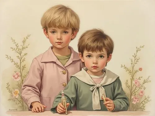 The image displays a style reminiscent of early 20th-century illustration or a children's book illustration.  The overall style is  representational, focusing on capturing the likeness of the figures.