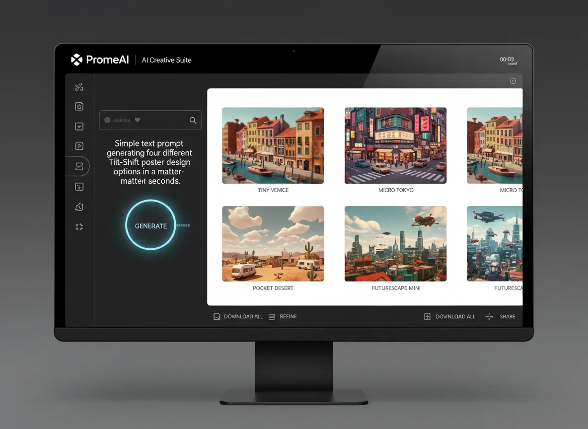 Ein Mockup der Benutzeroberfläche von PromeAI, das zeigt, wie eine einfache Texteingabe in Sekundenschnelle vier verschiedene Tilt-Shift-Posterdesign-Optionen generiert.