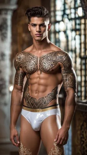 Exotic 18 yo Sexy Brazilian perfekt body and face,   Tattoo beautiful male models: body  byzantinisch iconography inspired , painted  with porcelain-Supergold Ägypten 3D-Meisterwerk Calligraphy mosaic