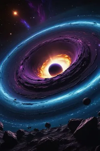Cosmic, invincible black hole, massive swirling vortex, dark purple nebula, stars and galaxies being sucked in, eerie blue glow, intense gravitational force, space-time distortion, mysterious event ho