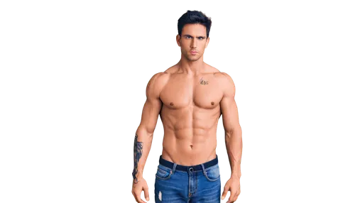 Muscular man, sexy pose, bare chest, six-pack abs, tattoos on arms, messy black hair, smoldering gaze, full-body shot, low-angle composition, dramatic lighting, warm color tone, shallow depth of field