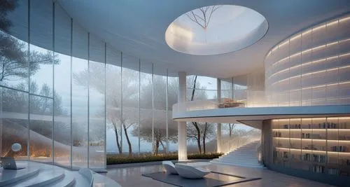 a modern lobby with several circular staircases and glass walls,prefab,penthouses,modern room,prefabricated,provident,propitious