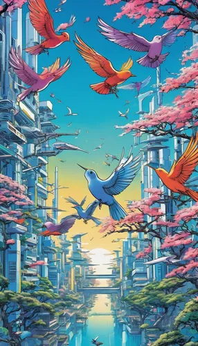 Imagine a futuristic setting where robotic birds gather on a virtual branch.,birds of the sea,school of fish,dolphin background,bird kingdom,aquarium,dolphin-afalina,bird bird kingdom,flock of birds,f