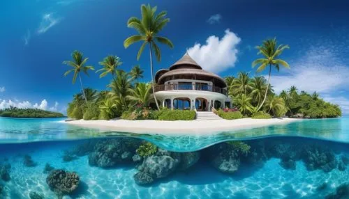 Una preciosa villa tropical situada en una playa bordeada de flores. Cielos azules, un maravilloso día de verano, palmeras y agua cristalina.,a house on an island that is half underwater,tropical hous