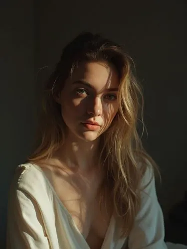 a white woman, realistic photography style raw, editorial photography, chiaroscuro , with lights and shadows that enhanced her beautiful figure, postproduction, Sony Alpha IV, Kodak Color 35mm, in the