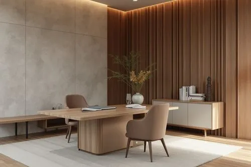 a wooden table in a large room with a plant,modern office,wallcovering,wallcoverings,minotti,interior modern design,paneling,consulting room,modern decor,contemporary decor,credenza,modern minimalist 