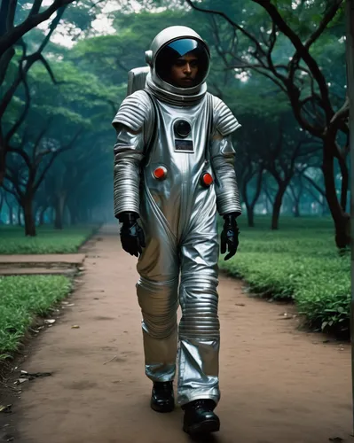 futuristic walk in the park wearing a spacesuit in dystopian mumbai, in the style of the photography book “The Suffering of Light” by photographer Alex Webb. Master photo with excellent light, color a