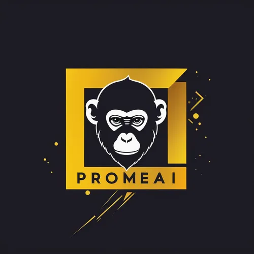 Logo for Promeai on the theme of box monkey logo vector in color monkey, in the style of dark yellow, suprematism influence, with text "promeai",primate,primates,promontory,produce,connectcompetition,