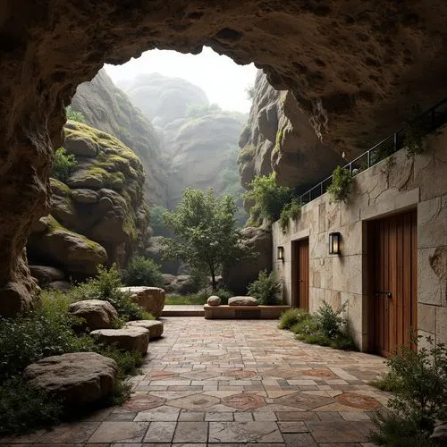 Rugged rocky formations, earthy terrain, moss-covered boulders, weathered wooden planks, distressed stone walls, rough-hewn marble floors, intricate tile mosaics, peeling paint effects, worn brick fac