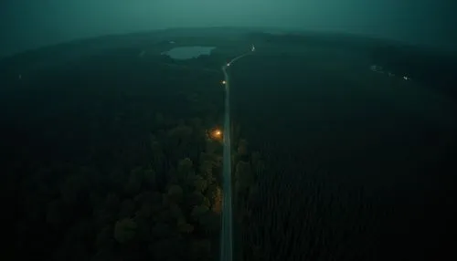 dark random scene from horror movie,country,rednex,corn ,a green, foggy night with a car lights in the middle,road to nowhere,dense fog,trackir,oxenhorn,the descent to the lake,traffic lamp