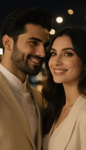 
A handsome young Arab man, light olive skin, sharp jawline, soft beard, expressive brown eyes, stylish black hair, wearing elegant casual clothes in neutral tones, cinematic romantic aura.
A beautifu