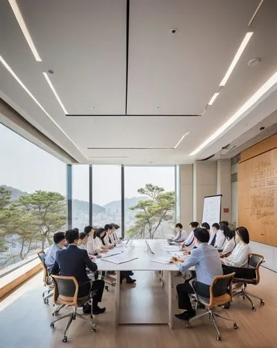 Busan, South Korea, 2015 International Architecture Design Workshop, modern conference hall, sleek glass facade, minimalist interior, wooden chairs, projector screen, lectern, microphone, notes and la