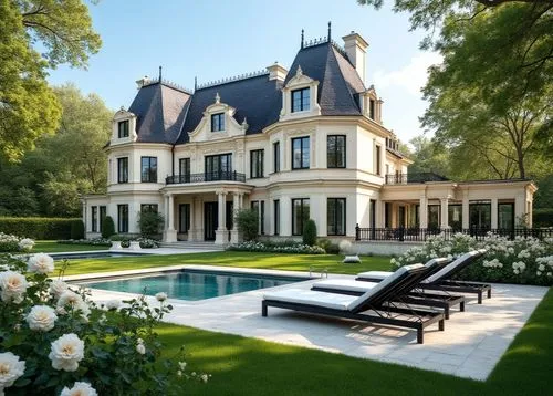 Elegant French-inspired luxury mansion with a cream stucco facade, ornate classical moldings, and tall black-framed windows. The building features a steep mansard roof with dark slate tiles and decora