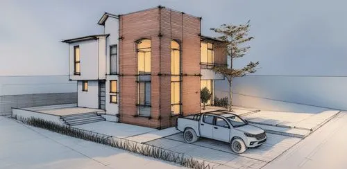 3d rendered modern home next to car on the concrete road,house drawing,cubic house,two story house,prefabrication,architect plan,residential house,modern house,apartment house,model house,apartment bu