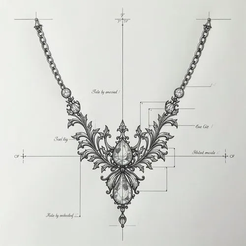 a jewelry designer's hand draft of a crown ring, elegant and modern,
,a drawing of an elaborate necklace and a chain,diamond pendant,diadem spider,diadem,pendentives,marquises,chandelier,Unique,Desi