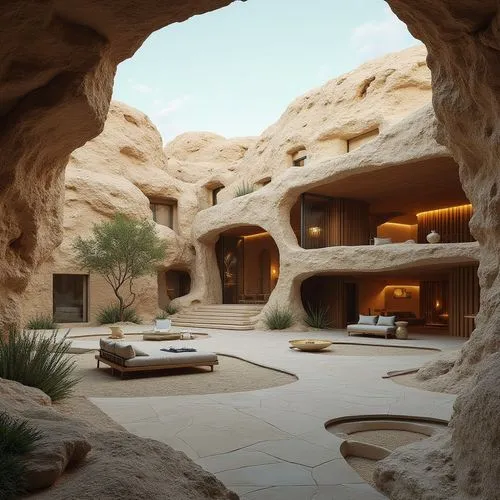 Design a villa embedded in a rocky desert canyon, using raw stone, sheltered courtyards, and shaded terraces,an outdoor living room and patio area in an adobe style,amanresorts,earthship,timna park,na