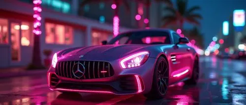 miami beach,cyberpunk car,girl,the pink mercedes sports car is parked on the street,outrun,pink vector,neon,pink car,neon arrows,riviera,futuristic,futuristic car,south beach,neon candies,colored ligh