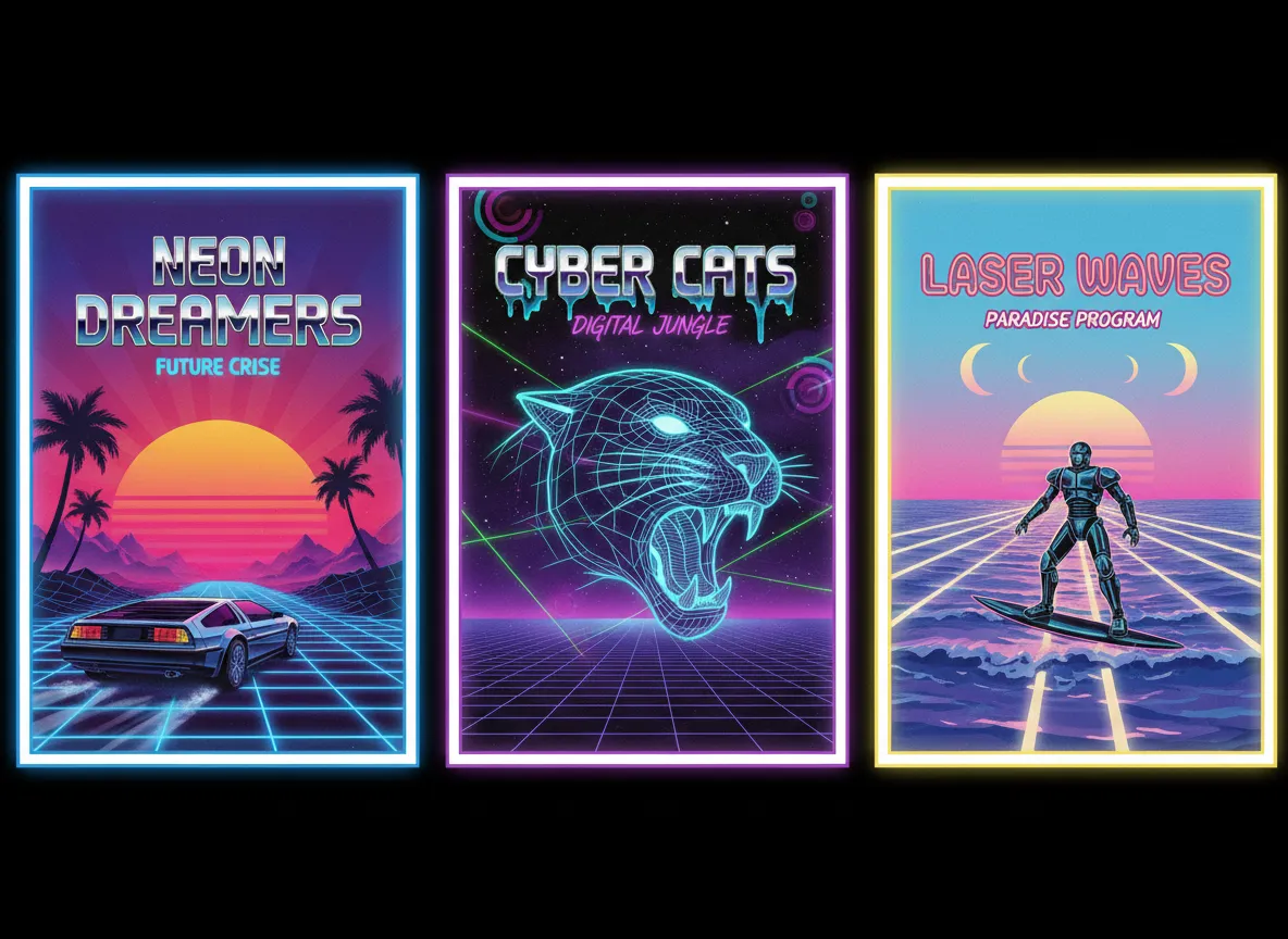 80 के दशक की रेट्रो शैली में एआई-जनित पोस्टरों का एक संग्रह, जिसमें क्रोम टेक्स्ट, नियॉन ग्रिड और एयरब्रश किए गए सूर्यास्त हैं।