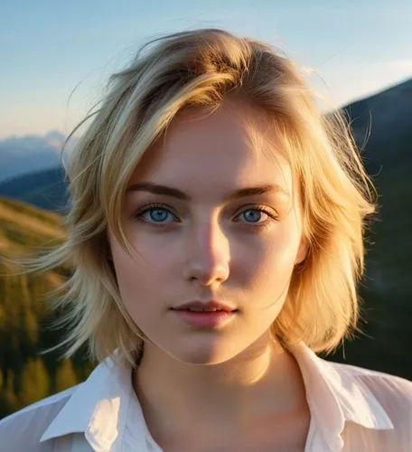 a portrait of a beautiful young woman aged 22 with short blonde hair and blue eyes, she close one eye and the other not, the young woman wearing a white blouse. The background is a clear blue sky, a
