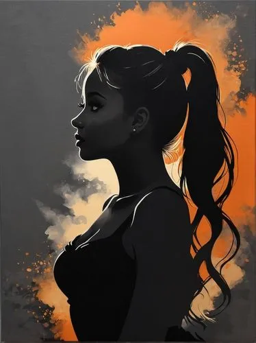 the drawings drawn were cute, in the style of feminine portraiture, golden light, soft gray, pensive poses, smokey background, soft orange and  black, light & shadow , 
ARIANA GRANDE
 ,a painting with