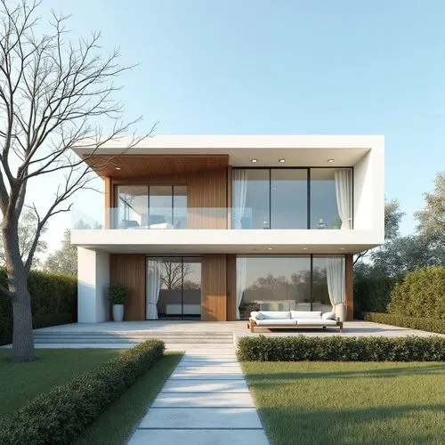A photo-realistic rendering of a modern, minimalist house with a contemporary design. the house is a two-story building with a white exterior and wooden accents, featuring large glass windows that all
