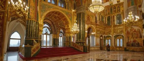 Grand, majestic Russian architecture, St. Basil's Cathedral inspiration, colorful onion domes, intricate stone carvings, ornate golden details, grandeur staircase, high ceilings, marble floors, chande