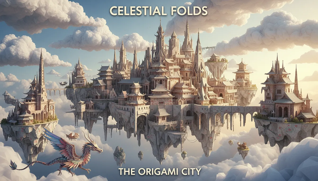 Un intricato poster generato dall'AI di un paesaggio urbano fantasy in stile Origami a strati, che mostra dettagliati edifici di carta e nuvole con profondità e ombre realistiche.